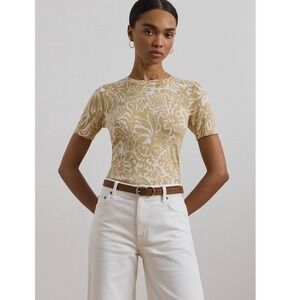 Lauren Ralph Lauren Floral Cotton Blend Short Sleeve Sweater White Tan SMALL